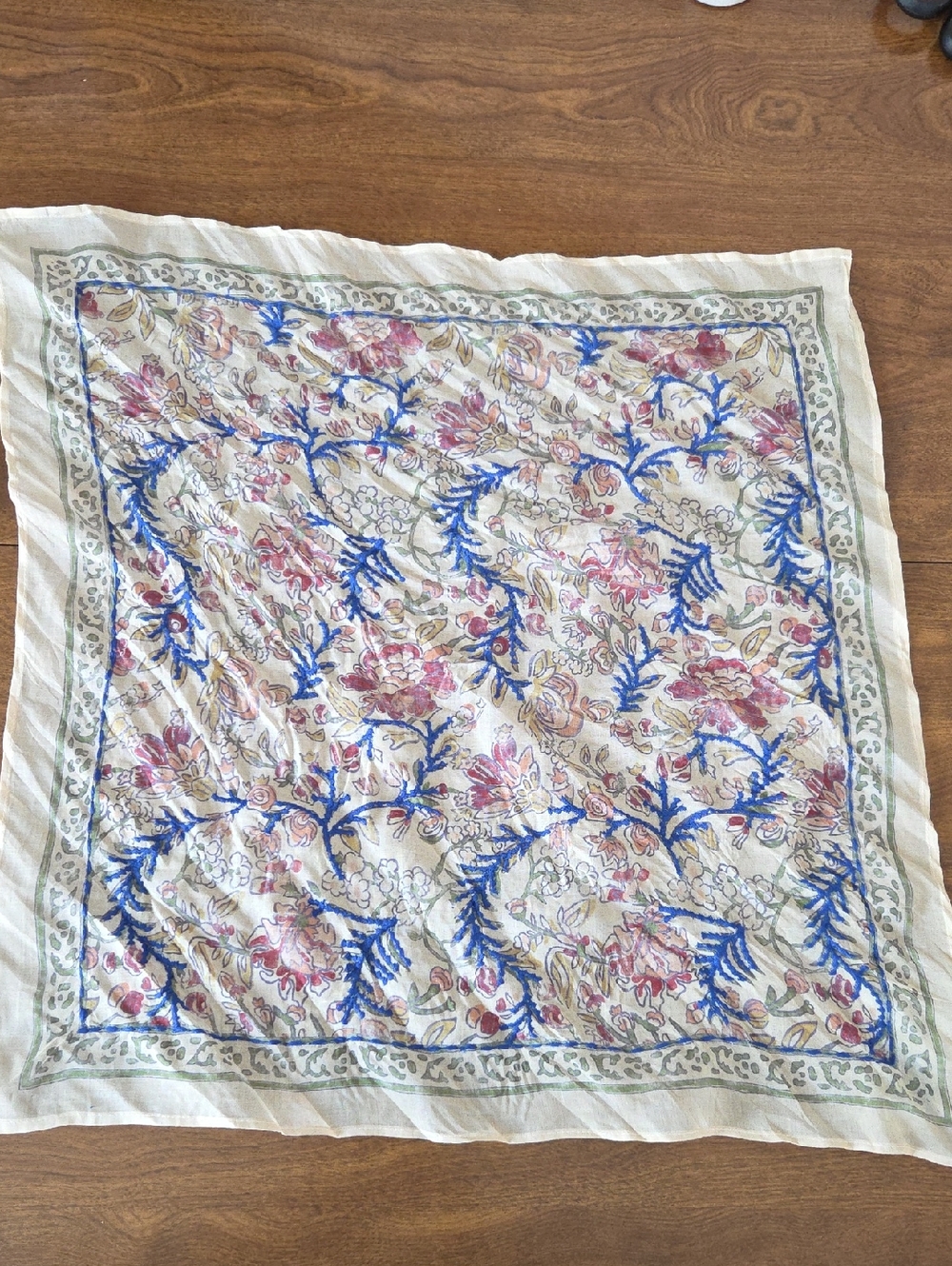 Vismaya Floral Print Lightweight Scarf in Cream, Blue & Pink - 100% Cotton